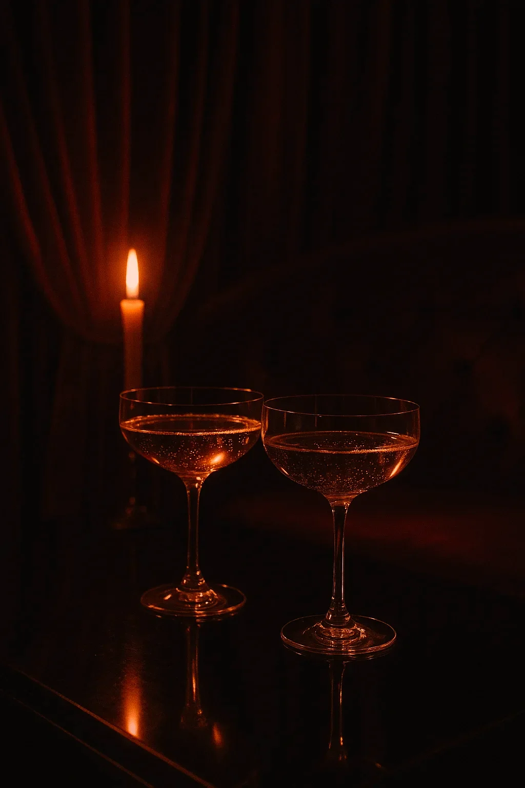 Two champagne coupes catching candlelight in a dark lounge