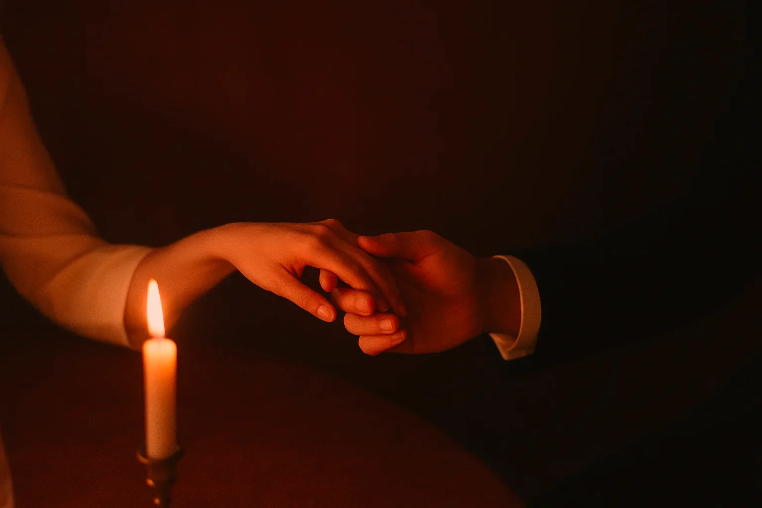 Two hands reaching for each other in candlelight
