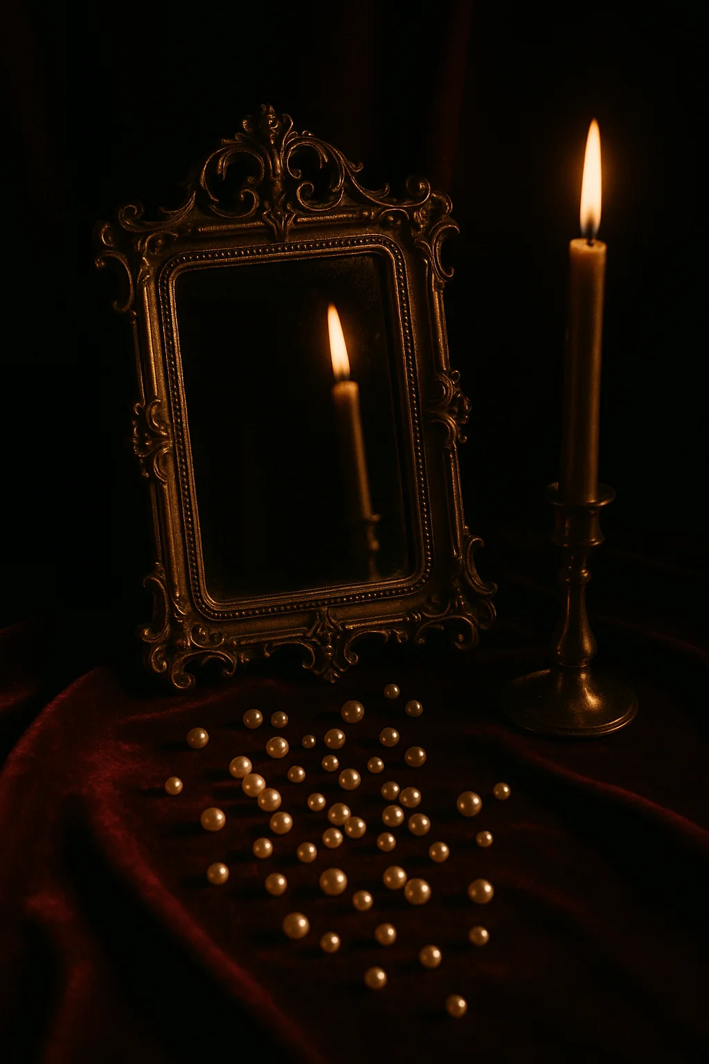 An antique gold mirror reflecting candlelight, pearls scattered beneath