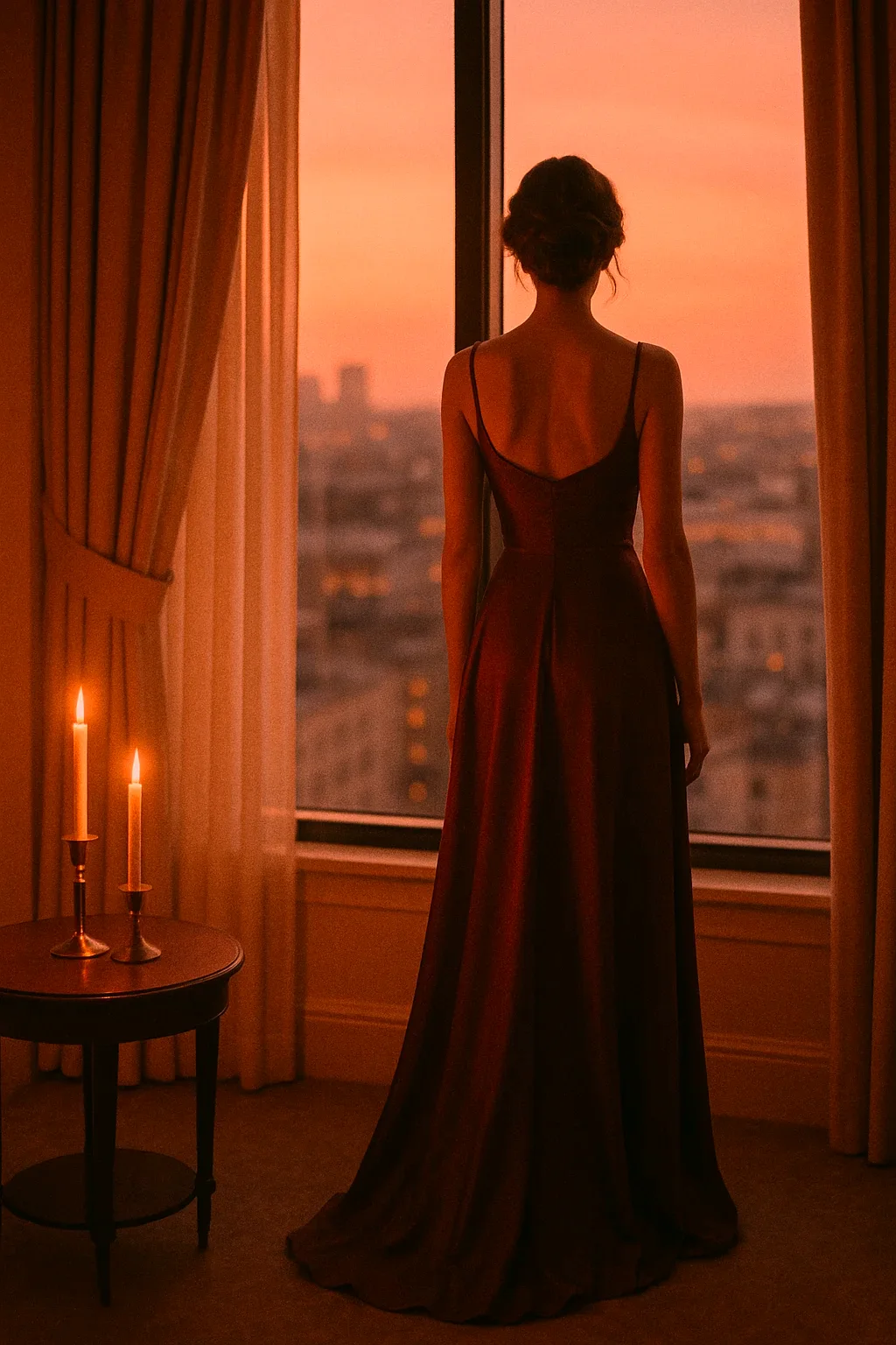 An elegant woman in an evening gown at a tall window, the city glowing beyond