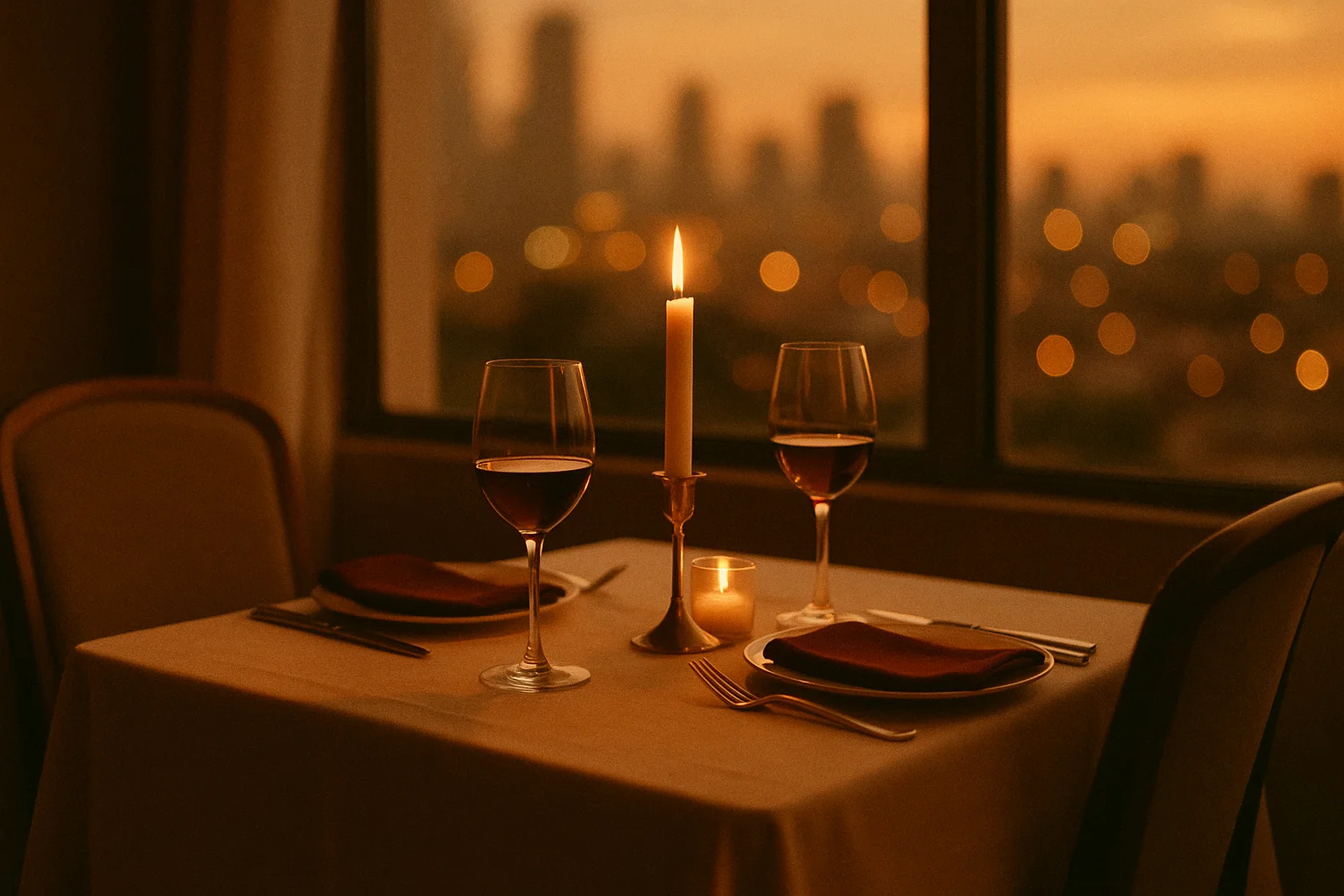 A restaurant table set for two at golden hour
