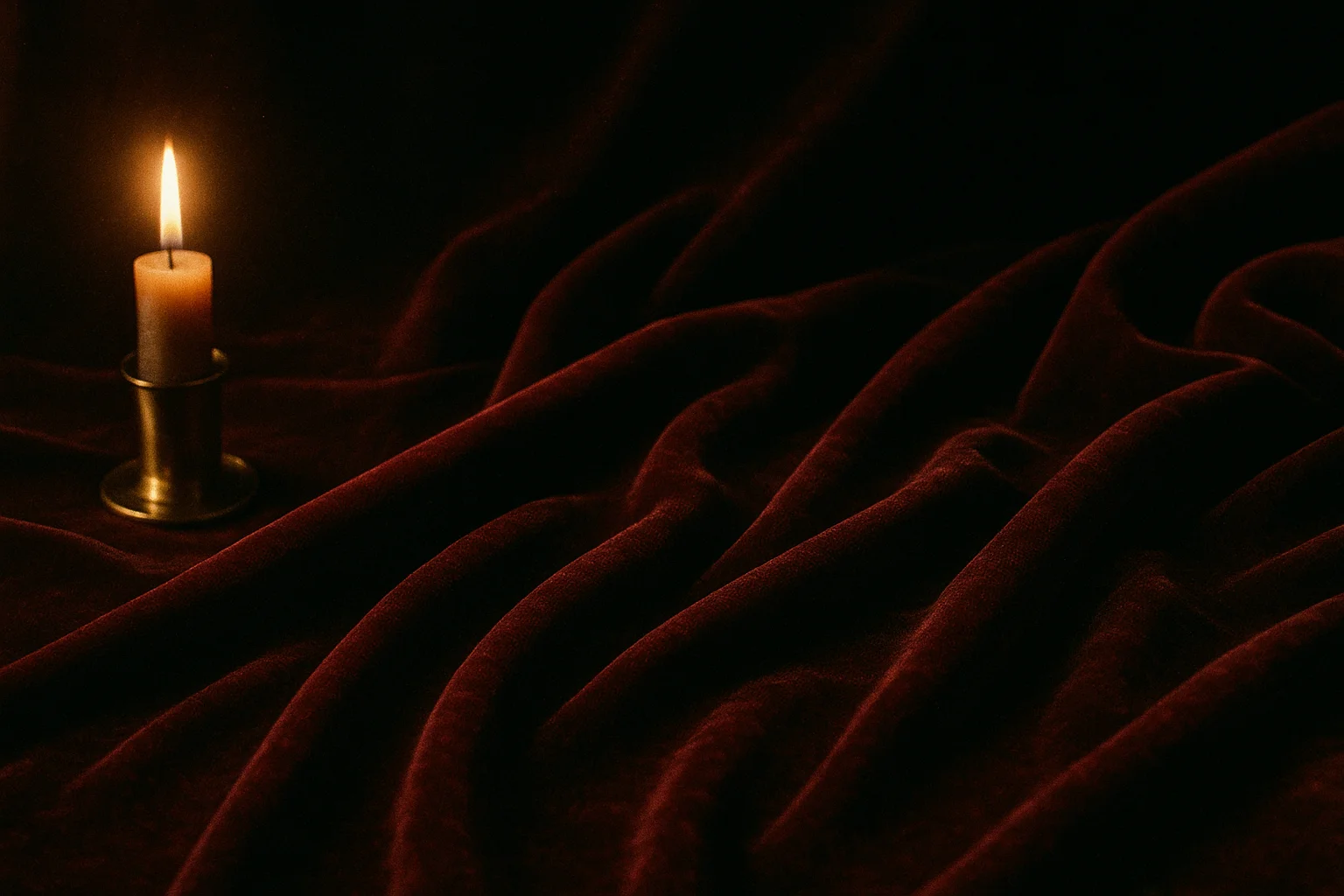 Folds of deep burgundy velvet catching warm candlelight